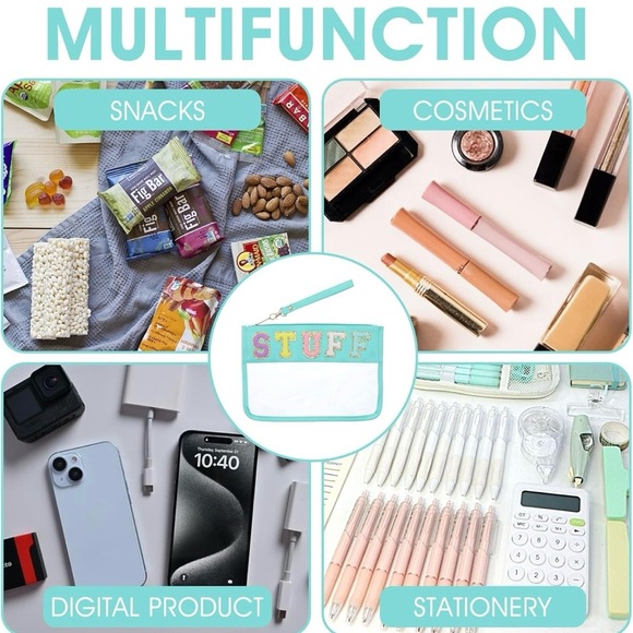 Turquoise Transparent Stuff Makeup Bag with Colorful 'STUFF' Letters - Picture 3 of 5